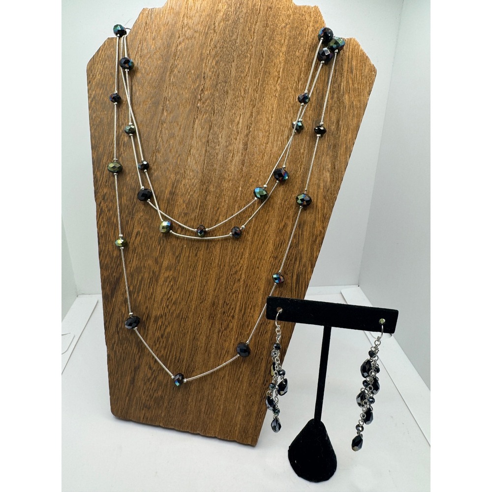Black Iridescent Beaded Extra Long Necklace Dangle Earring Set Silver Tone